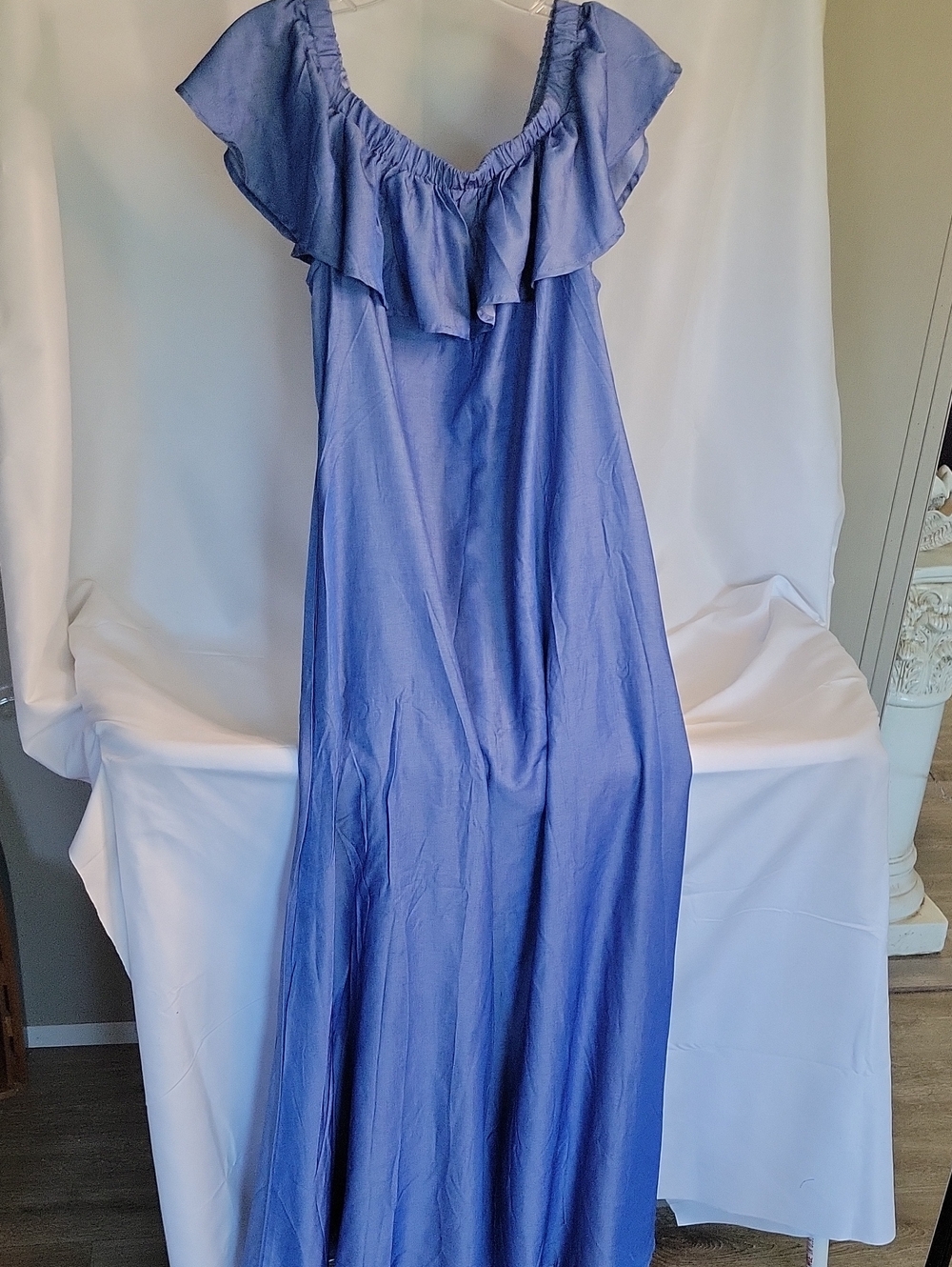 Blue Ruffled Off-Shoulder Maxi Dress